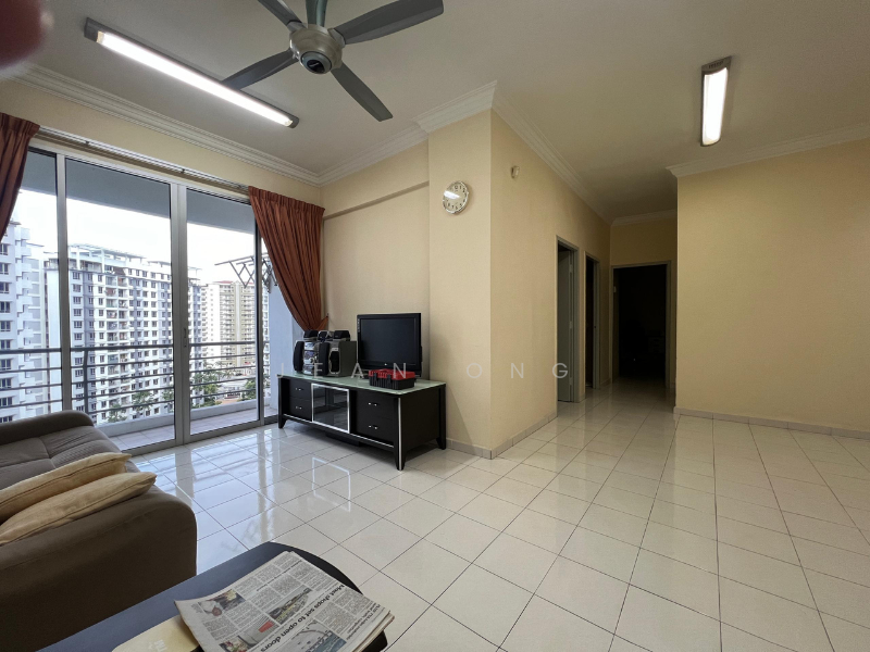 Living features: white painted walls, glossy tile flooring, 5-blade ceiling fan with light, large sliding glass door, floor-to-ceiling windows, curtains in orange, TV console, wall-mounted TV, coffee table, sofa, natural light from windows; style: modern; view: city.
