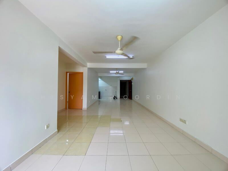 Room features: white painted walls, glossy ceramic tile flooring, ceiling fan, recessed downlights, open layout, large windows, neutral color scheme, no visible furniture; style: modern.