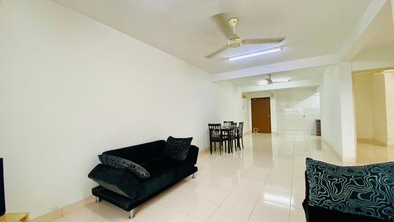 Living features: black fabric sofa, ceiling fan, white painted walls, glossy tile flooring, dining table with chairs, recessed lighting, open layout, natural light from windows; style: modern.