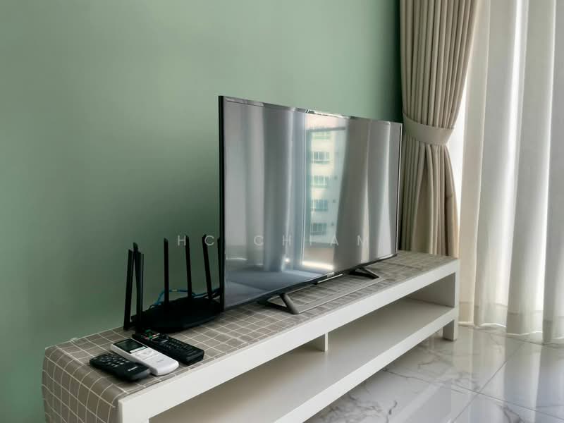 Living features: green painted walls, marble flooring, TV on white TV console, black flat-screen TV, router on console, remote controls on console, sheer curtains, floor-to-ceiling windows; style: modern.