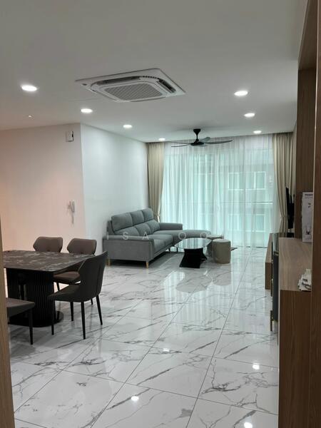 Living features: marble tile flooring, white painted walls, recessed downlights, 5-blade ceiling fan, floor-to-ceiling windows, sheer curtains, grey fabric sofa, round coffee table, dining table with 4 chairs, TV console, wall-mounted TV; style: modern.