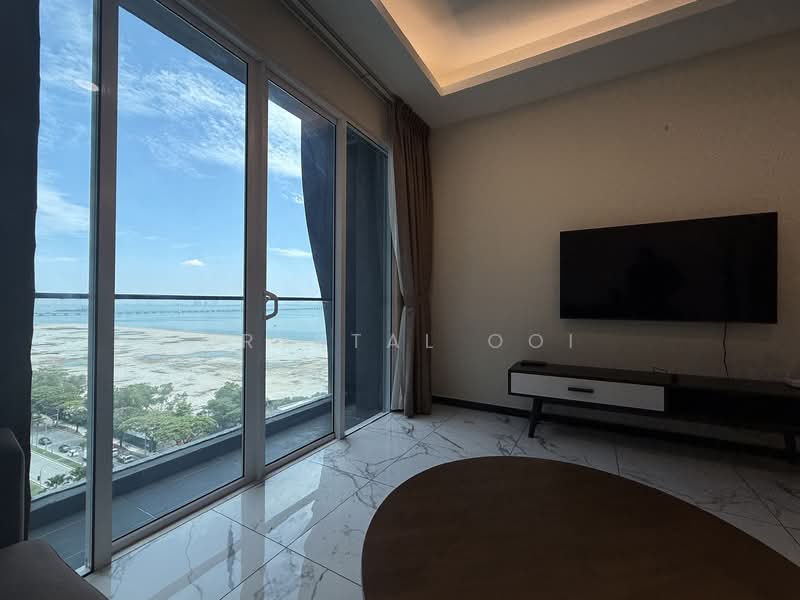 Living features: floor-to-ceiling windows, sliding glass door, beige curtains, wall-mounted TV, TV console in white and black, marble flooring, round coffee table, recessed ceiling lights; style: modern; view: sea.