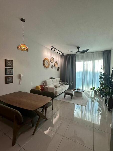 Living features: 3-seater fabric sofa in white, wooden coffee table, area rug with geometric pattern, floor-to-ceiling windows, sheer curtains, 5-blade ceiling fan with light, wall-mounted TV, decorative wall plates, potted plants, recessed downlights, grey curtains; style: modern; view: city. Dining features: 4-seater wooden dining table, wooden dining chairs; style: modern.