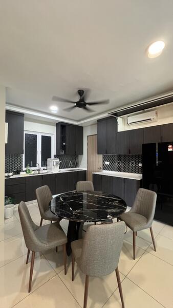 Kitchen features: black cabinetry, white countertop, black marble dining table, 6 upholstered dining chairs, stainless-steel fridge, built-in oven, 4-burner gas hob, black mosaic tile backsplash, white walls, recessed downlights, ceiling fan, window with sheer curtains, tile flooring; style: modern.