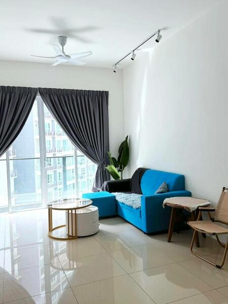 Living features: blue fabric sofa, round coffee table with gold base, white side table, floor-to-ceiling windows, grey curtains, ceiling fan, decorative plant, polished tile flooring, wall-mounted track lighting; style: modern; view: city.