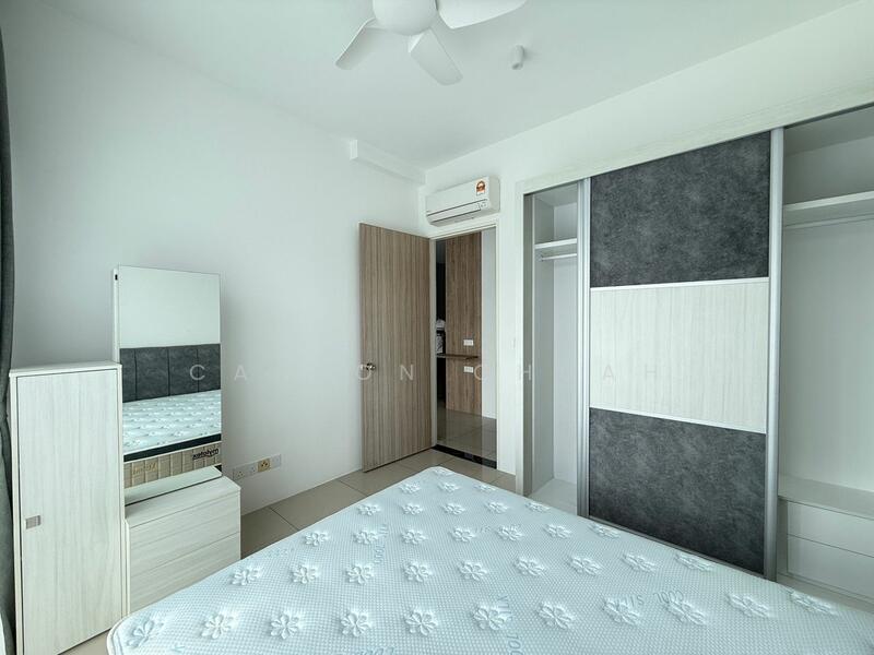 Bedroom features: queen-size bed with white floral bedding, built-in wardrobe with grey and white panels, mirror on bedside table, light-colored walls, tile flooring, ceiling fan, wall-mounted air conditioning unit, door leading to another room; style: modern.
