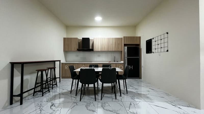 Dining features: marble tile flooring, white painted walls, wooden cabinetry, black range hood, stainless-steel fridge, dining table with four chairs, open shelving, kitchen countertop, built-in oven; style: modern.