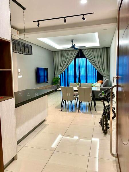 Living features: white painted walls, recessed ceiling with LED lighting, floor-to-ceiling windows with blue curtains, grey sofa, dining table with four chairs, wall-mounted TV, bicycle, decorative plants, ceramic tile flooring, ceiling fan; style: modern; view: city.