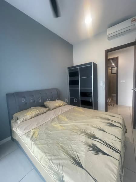 Bedroom features: king-size bed with upholstered headboard, bedding with floral pattern, floor-to-ceiling wardrobe, wall-mounted split AC, grey painted walls, tile flooring, recessed downlights, ceiling fan, door leading to bathroom, decorative wall art; style: modern.