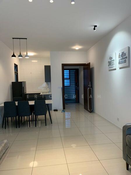 Living features: white painted walls, glossy tile flooring, recessed downlights, 3-blade ceiling fan, sofa in grey fabric, dining table with 4 chairs, black refrigerator, open kitchen layout, decorative wall art, door leading to hallway; style: modern.