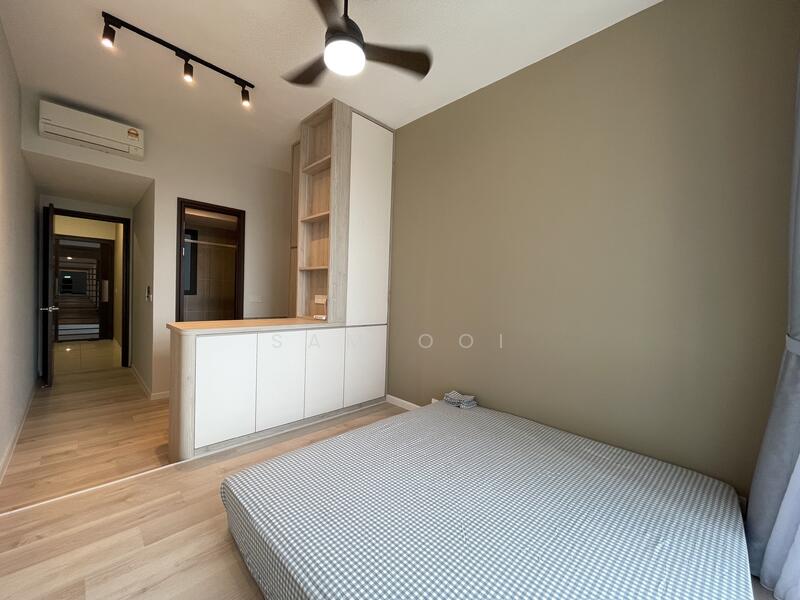 Bedroom features: wooden flooring, light grey painted walls, ceiling fan, built-in shelving unit, window with curtain, queen-size bed with checkered bedding, air conditioning unit, open layout to hallway; style: modern.