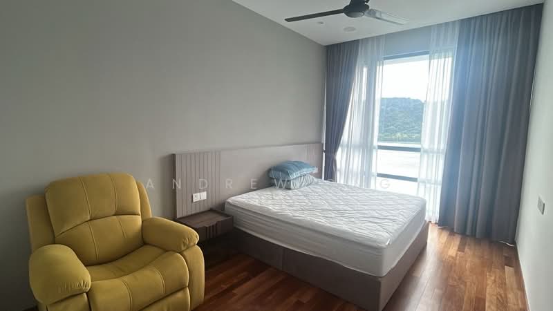 Bedroom features: queen-size bed, wooden flooring, grey painted walls, floor-to-ceiling windows, sheer curtains, ceiling fan, upholstered headboard, nightstand, armchair in yellow, mountain view; style: modern; view: mountain.