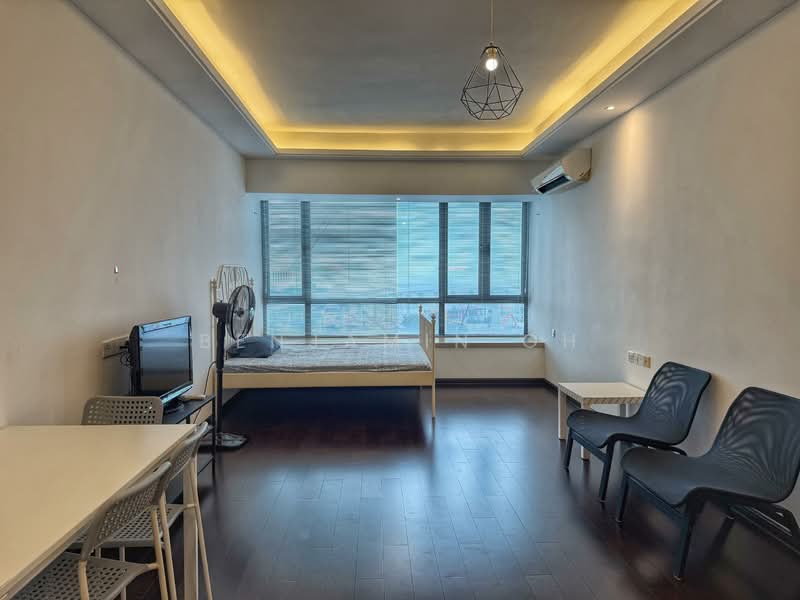 Living features: wooden flooring, white painted walls, tray ceiling with recessed lighting, floor-to-ceiling windows, city view, 1 wall-mounted split AC, TV console, television, 1 ceiling fan, 2 black plastic chairs, 1 white dining table, bed frame without mattress; style: modern; view: city.
