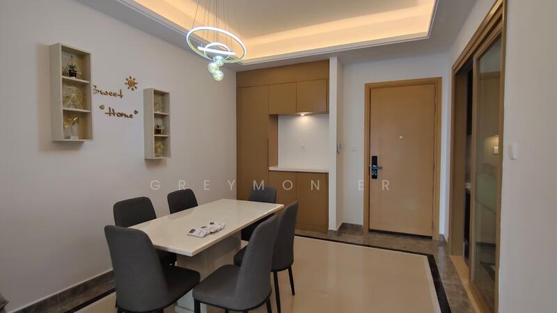 Dining features: dining table with white surface, 4 upholstered dining chairs in grey, wall-mounted decorative shelves, textured wall with 'Blessed Home' decor, recessed ceiling with LED lighting, neutral wall color, tile flooring, wooden door with handle, glass sliding door, modern pendant light fixture; style: modern.