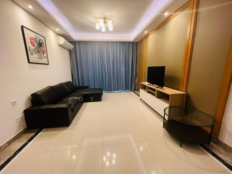 Living features: black leather sectional sofa, white TV console, wall-mounted TV, glass coffee table, white tiled flooring, recessed ceiling lights, air conditioning unit, curtains, decorative wall paneling, wall art; style: modern.
