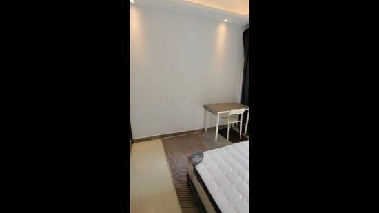 Bedroom features: white painted walls, tile flooring, recessed downlights, blackout curtains, single bed, study desk, white chair, area rug; style: modern.