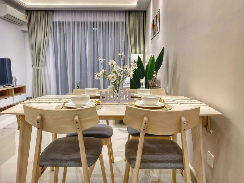 Dining features: wooden dining table, 4 dining chairs with grey upholstery, decorative vase with flowers, table runner, white ceramic plates, gold cutlery, wall-mounted TV, floor-to-ceiling windows with sheer curtains, light-colored walls, recessed ceiling lights, tile flooring; style: modern.