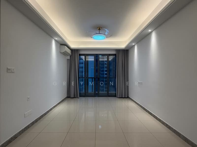 Living features: white painted walls, glossy tile flooring, recessed downlights, ceiling rose with light fixture, floor-to-ceiling sliding glass door, grey curtains, air conditioning unit, balcony access; style: modern; view: city.