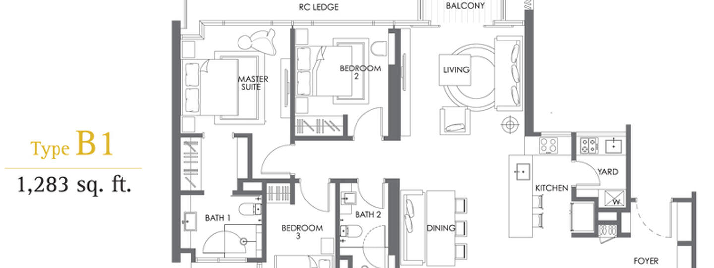 Floor plan: 3-bedroom 2-bathroom unit; features: open-plan kitchen-dining-living, master bedroom with ensuite bathroom, balcony off living room, utility room, yard area, central foyer.