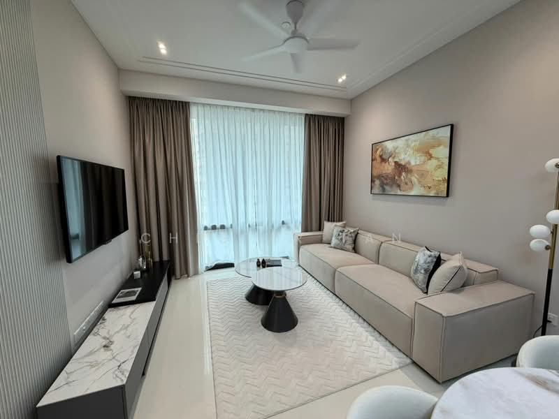 Living features: 3-seater fabric sofa in light grey, marble coffee table with black base, wall-mounted flat-screen TV, white painted walls, cream curtains, recessed downlights, ceiling fan, area rug with geometric pattern, decorative wall art, TV console with marble top; style: modern; view: garden.