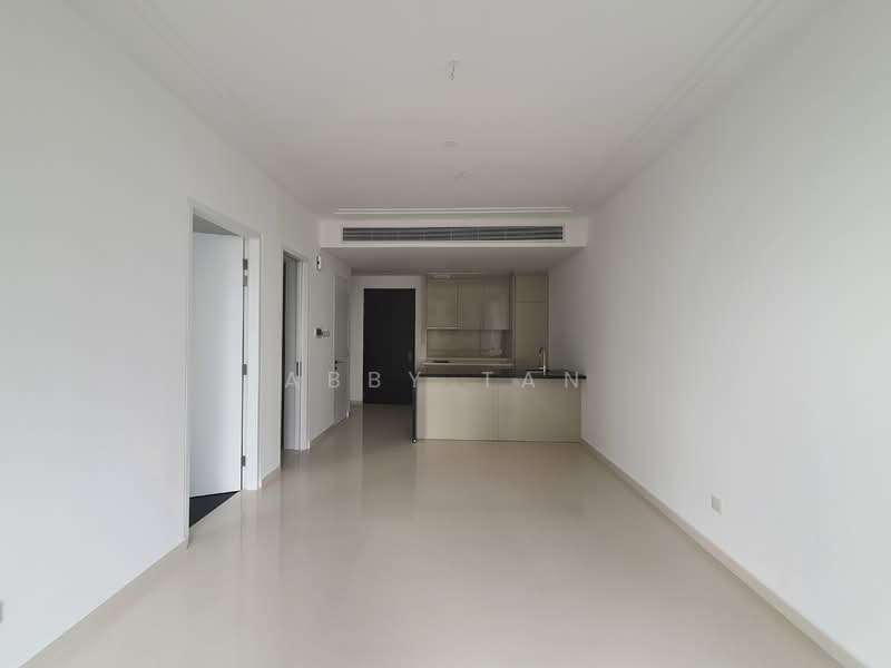 Living features: white painted walls, polished concrete flooring, recessed downlights, floor-to-ceiling windows, open kitchen layout, kitchen island, air conditioning unit, neutral color scheme; style: modern.