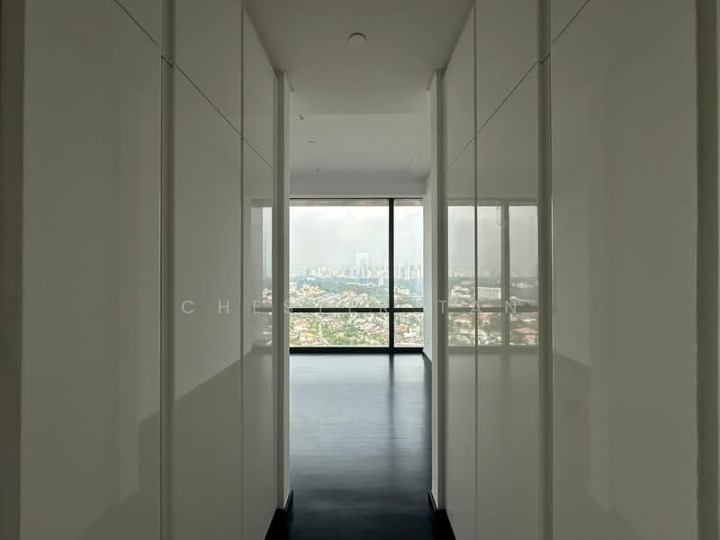 Hallway features: white painted walls, dark wood flooring, floor-to-ceiling windows, city view, recessed lighting, minimalist design, built-in cabinetry; style: modern; view: city.