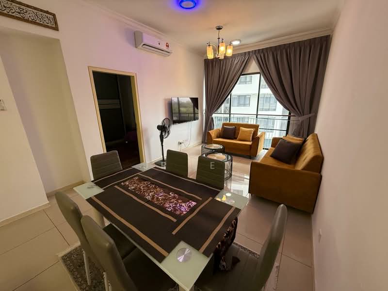 Dining features: 6-seater dining table with glass top, upholstered dining chairs, decorative table runner, wall-mounted TV, floor-to-ceiling windows, curtains, air conditioning unit, ceiling light fixture, fan, sofa in beige, accent chairs in orange, neutral wall color, tile flooring; style: modern; view: city.