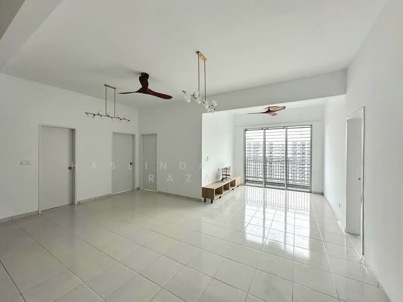Living features: white painted walls, glossy ceramic tile flooring, tray ceiling, 2 ceiling fans, large sliding glass door, floor-to-ceiling windows, natural light, minimalist decor, built-in bench, light fixtures, neutral color palette; style: modern; view: city.