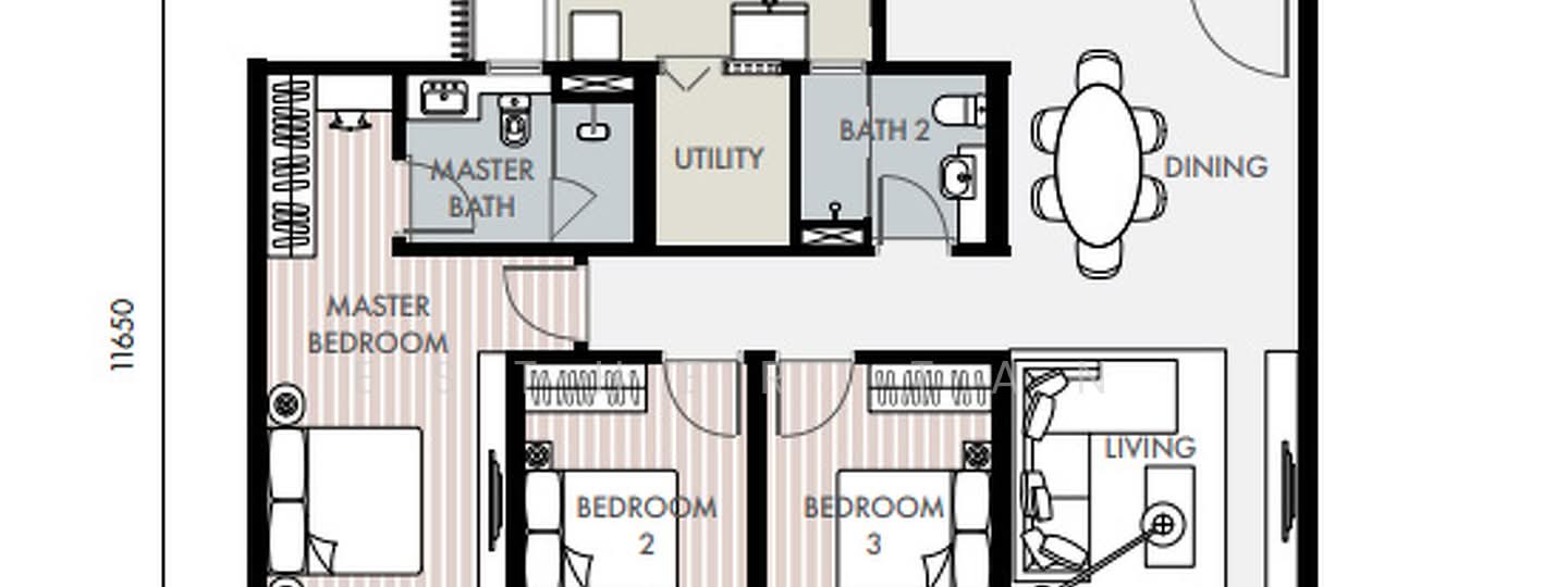 Floor plan: 3-bedroom 2-bathroom unit; features: open-plan kitchen-dining-living, master bedroom with ensuite bathroom, utility room, bedroom 2 with shared bathroom, central foyer.