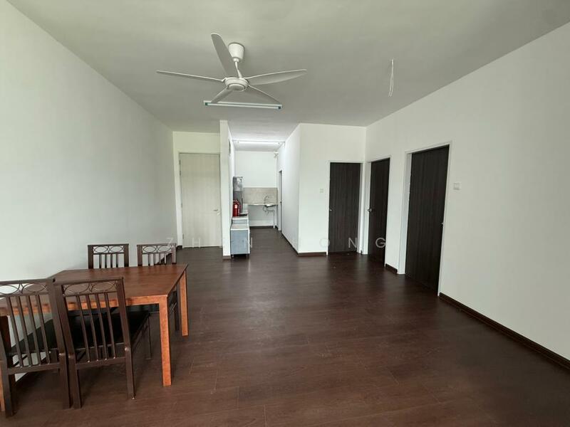 Living features: dark wood flooring, white painted walls, 5-blade ceiling fan, dining table with four chairs, doorway to kitchen, two doorways leading to bedrooms, natural light from windows, open layout; style: modern. Kitchen features: white cabinetry, countertop, kitchen appliances visible, open layout to living area; style: modern. Room features: two doors leading to bedrooms.
