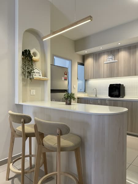 Kitchen features: white quartz countertop, light wood cabinetry, built-in black microwave, recessed LED downlights, pendant light fixture, bar stools, open shelving, grey tiled backsplash, stainless-steel sink, kitchen island; style: modern.