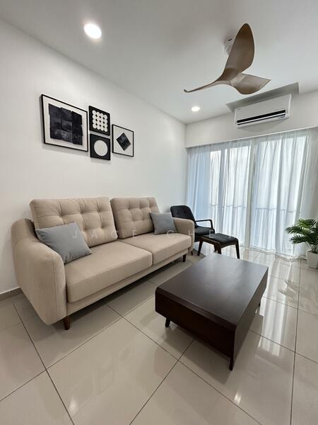 Living features: beige fabric sofa, 3-seater sofa, wood coffee table, black armchair, white painted walls, glossy tile flooring, 5-blade ceiling fan, floor-to-ceiling windows with sheer curtains, decorative wall art; style: modern.