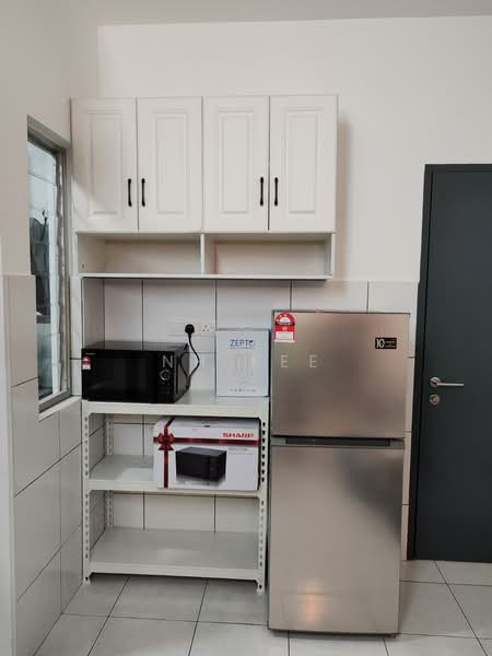 Kitchen features: white cabinetry with upper cabinets, stainless-steel fridge, microwave, open shelving, white tiled backsplash, grey countertop, ceramic tile flooring, single-bowl stainless-steel sink, wall-mounted electrical outlet; style: modern.