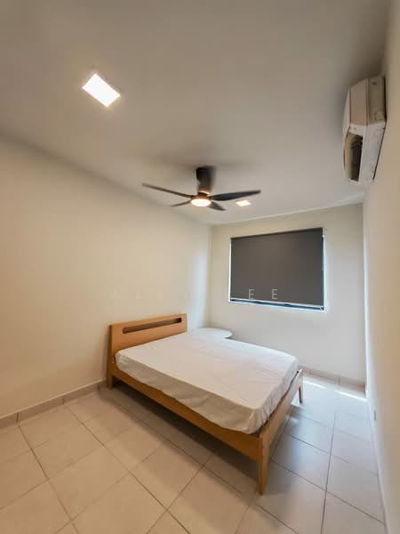 Bedroom features: queen-size bed, wooden bed frame, ceiling fan with light, wall-mounted split AC, white painted walls, tile flooring, roller blinds, window with natural light; style: modern.