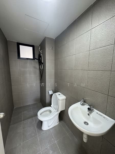 Bathroom features: grey tiled walls, grey tiled flooring, one-piece toilet, single-sink vanity with chrome faucet, shower with wall-mounted showerhead, small window, exhaust fan, toilet paper holder; style: modern.
