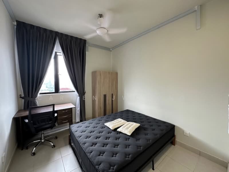 Bedroom features: queen-size bed with black mattress, wooden wardrobe, study desk with chair, floor-to-ceiling window, grey curtains, white painted walls, ceiling fan, tile flooring; style: modern.