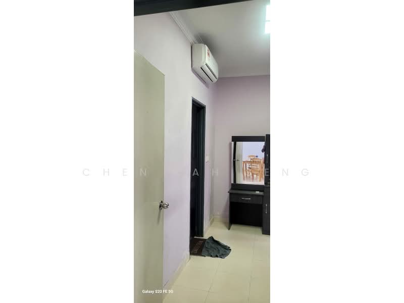 Room features: light purple painted walls, cream tiled flooring, 1 wall-mounted split AC, door with silver handle, dark wood dresser with mirror, wooden chair visible in reflection, grey fabric on the floor.