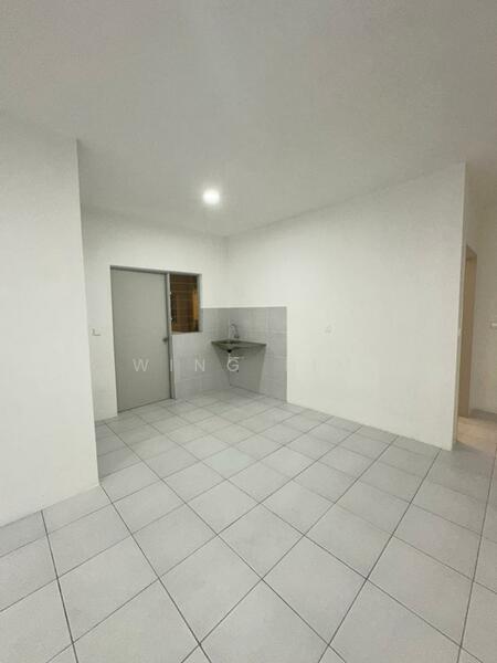 Room features: white painted walls, grey tiled flooring, single-bowl stainless-steel sink, wall-mounted faucet, window, flush door, ceiling light; style: modern.