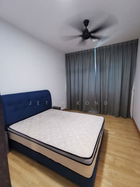 Bedroom features: blue upholstered bed frame, queen-size mattress, wooden flooring, grey curtains, ceiling fan, white painted walls; style: modern.