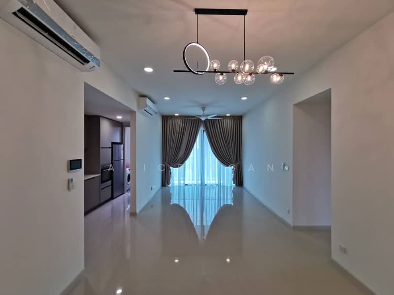 Living features: polished tile flooring, white painted walls, recessed downlights, 5-blade ceiling fan, chandelier with glass bulbs, floor-to-ceiling windows, sheer curtains, open layout to kitchen, air conditioning unit; style: modern.
