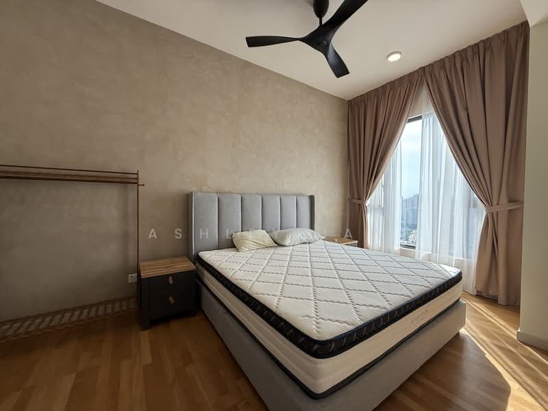 Bedroom features: queen-size bed, upholstered headboard, wooden bedside table, floor-to-ceiling windows, sheer curtains, wooden flooring, ceiling fan, decorative wall with textured finish; style: modern; view: city.