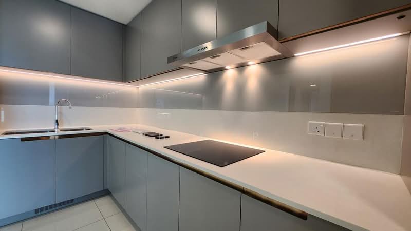 Kitchen features: grey cabinetry, white countertop, stainless-steel range hood, built-in cooktop, single-bowl stainless-steel sink, chrome pull-down faucet, white tiled backsplash, recessed LED downlights, wall-mounted electrical outlets, smooth surface finish, integrated cabinetry, open shelving; style: modern.