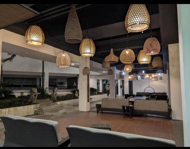 Exterior type: clubhouse; features: outdoor seating area, woven pendant lights, stone steps, landscaped greenery, decorative sculptures, open layout, tile flooring, ceiling with exposed beams; style: modern.