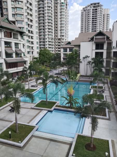 Exterior type: high-rise condominium; features: infinity pool, lap pool, pool deck with loungers, landscaped garden, palm trees, manicured lawn, surrounded by high-rise buildings, outdoor seating areas; style: modern.