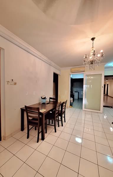 Dining features: white painted walls, ceramic tile flooring, chandelier, dining table for 4, 4 wooden dining chairs, sliding glass door, air conditioning unit, crown moulding; style: modern. Room features: white painted walls, ceramic tile flooring, air conditioning unit.