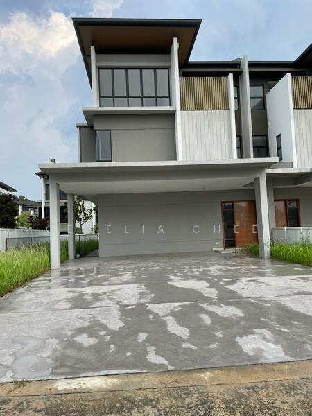 Exterior type: semi-detached house; features: grey painted facade, flat roof, car porch with awning, concrete driveway, manicured lawn, large windows, balconies on upper floors, modern architectural design; style: modern.
