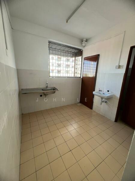 Laundry features: single-bowl stainless-steel sink, wall-mounted faucet, white tiled walls, cream tiled flooring, window with security grille, wooden door, door to adjacent room, door to bathroom, overhead fluorescent lighting.