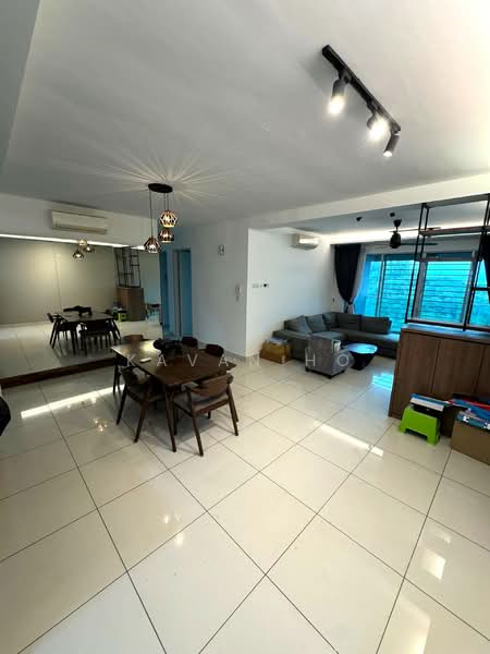 Living features: white painted walls, polished ceramic tile flooring, recessed LED downlights, 5-blade ceiling fan, floor-to-ceiling windows, grey fabric sofa, round dining table, 4 wooden dining chairs, mirror on wall, decorative pendant lights, open kitchen area, storage cabinets, boxes on floor; style: modern.