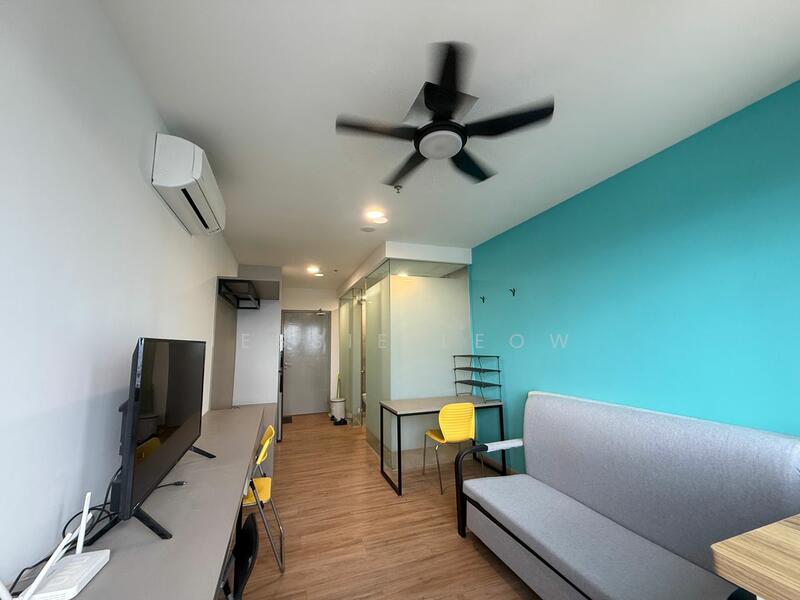 Living features: 5-blade ceiling fan with light, wall-mounted split AC, TV on console, grey fabric sofa, yellow plastic chair, wooden table, laminate flooring, blue accent wall, glass partition, recessed lighting; style: modern.