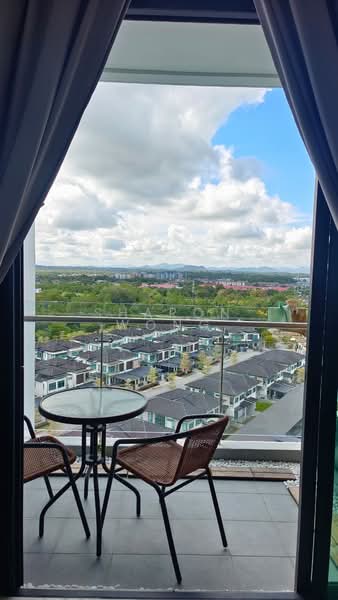 Balcony features: glass railing, outdoor table, two wicker chairs, grey tiled flooring, curtains, view of residential area, green landscape, city skyline in distance; style: modern; view: city.